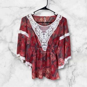 Free People Womens Small Red Lace Batwing Short Sleeve Lightweight Blouse Boho